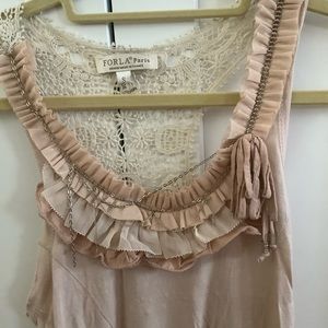 Forla Paris sleeveless mesh embroidered ruffled top blush and white size small